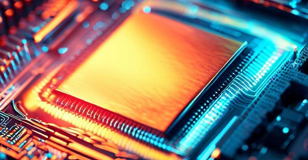 Illustration of a processor and circuit board in warm and cool tones